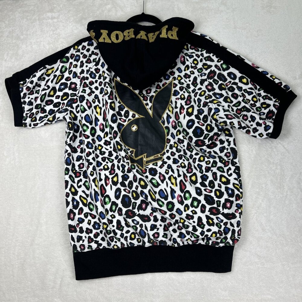 Vintage PLAYBOY Big Bunny Multicolor Shortsleeve Hoodie Cheetah Zip Up Men’s L